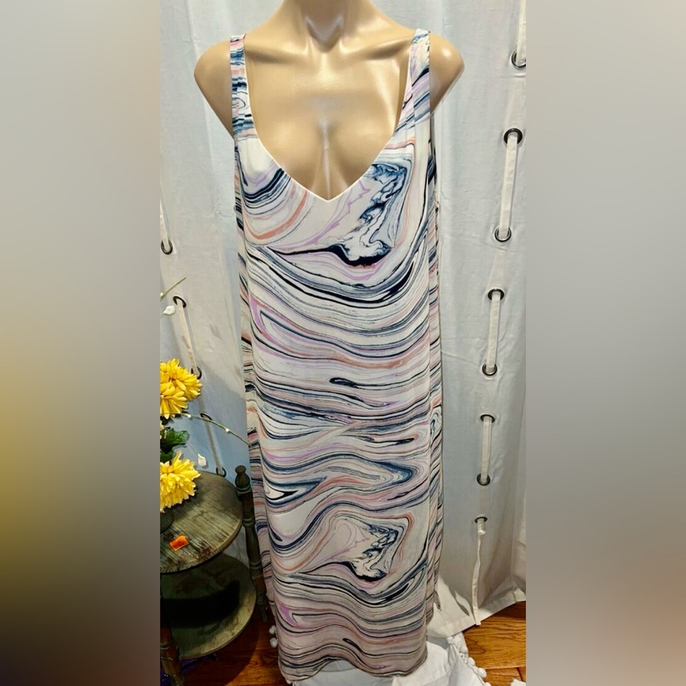 Halston Cream Blue Peach Marble Swirl Print V-neck Midi Slip Dress L Women